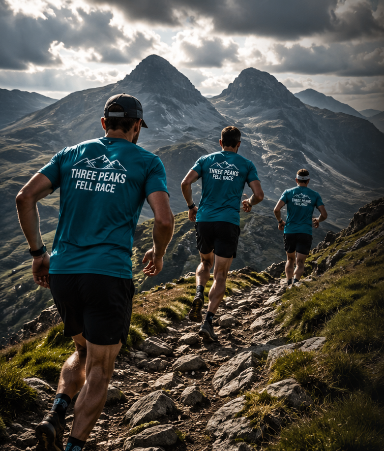 Runners on a mountain trail wearing branded race T-shirts
