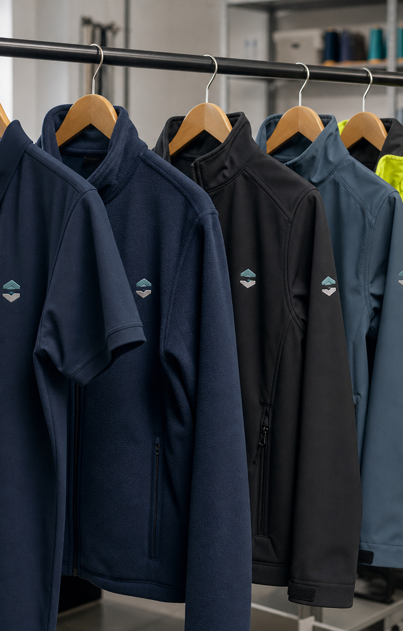 Hi-vis work jackets and branded polo shirts on a rail in a workshop