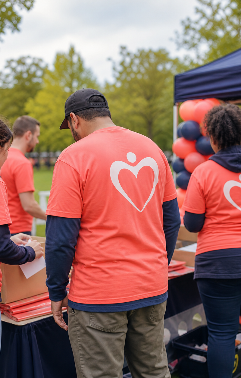 Charity runners wearing branded running vests at dusk