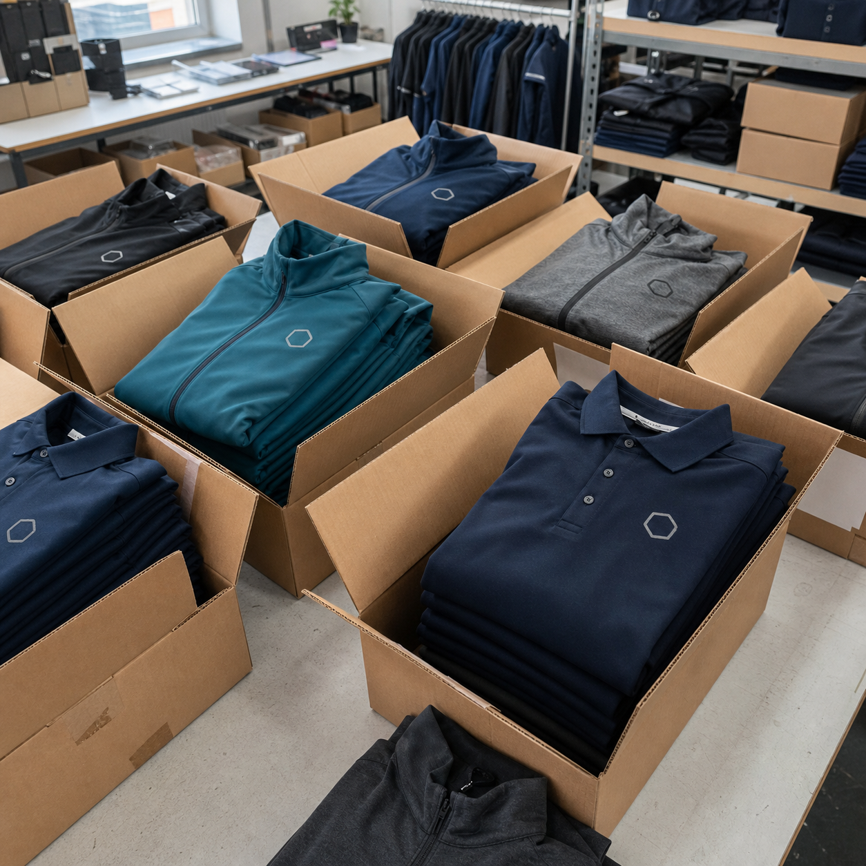 Embroidered polo shirts and branded jackets on a rail