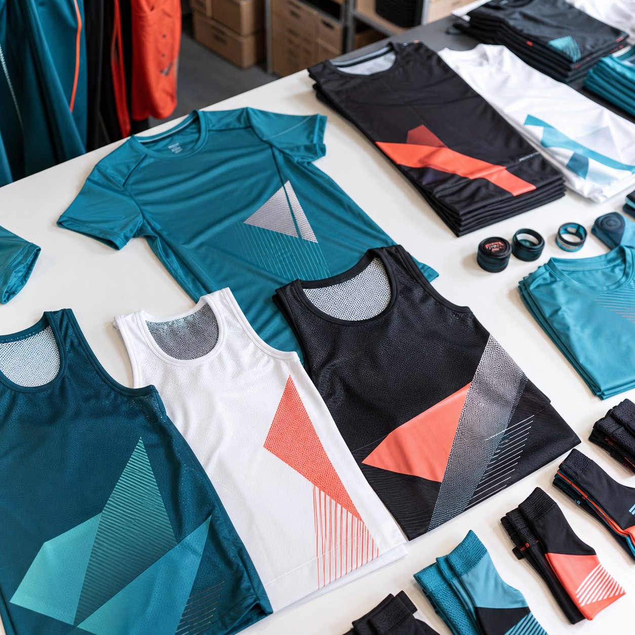 Technical running vests and event shirts arranged for a branded clothing order
