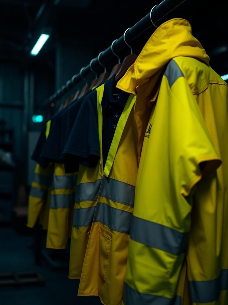 Hi-vis work jackets and branded polo shirts on a rail in a workshop