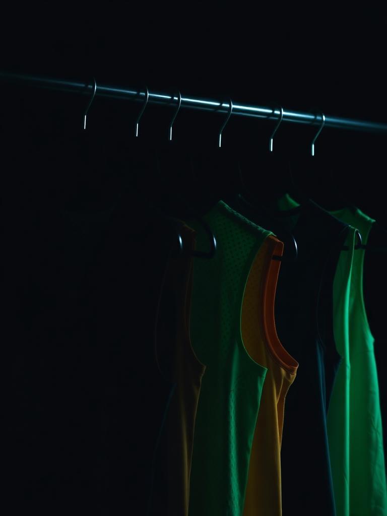 Technical running vests made from recycled fabric on a rail