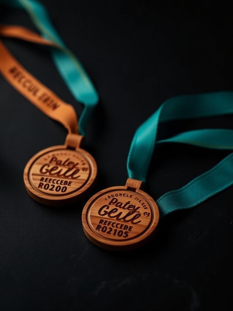 Engraved recycled wooden medals on ribbons